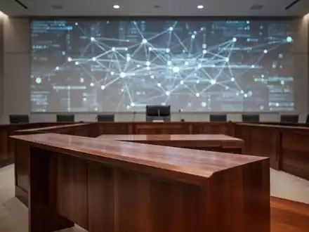 Modernes Gerichtssaal-Interieur mit abstrakten digitalen Datenstrukturen im Hintergrund als Symbol für Datenschutz und Recht. - Foto: über boerse-global.de