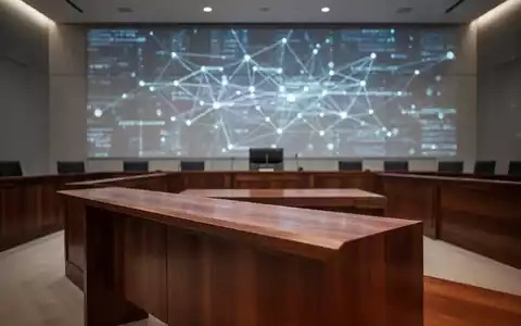 Modernes Gerichtssaal-Interieur mit abstrakten digitalen Datenstrukturen im Hintergrund als Symbol für Datenschutz und Recht. - Foto: über boerse-global.de