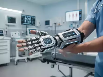 Eine Person trägt eine moderne motorisierte Handorthese zur medizinischen Rehabilitation in einer klinischen Umgebung. - Foto: über boerse-global.de