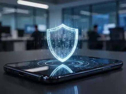Leuchtendes digitales Schild-Symbol auf Smartphone-Bildschirm für mobile Cybersicherheit und Datenschutz. - Foto: über boerse-global.de
