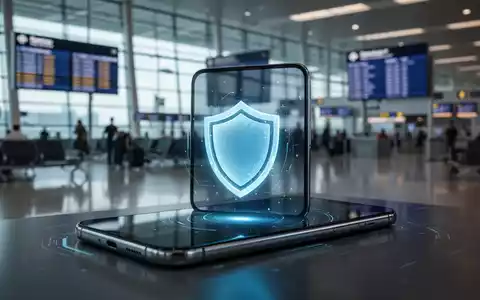 Smartphone mit digitalem Sicherheitssymbol vor verschwommenem Hintergrund eines Flughafenterminals. - Foto: über boerse-global.de