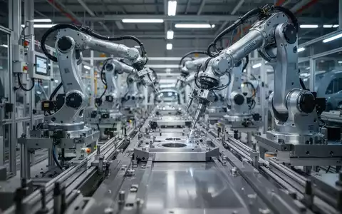 Moderne Produktionsstraße in einer Fabrikhalle der Metallindustrie mit Robotern und präziser Fertigungstechnik. - Foto: über boerse-global.de