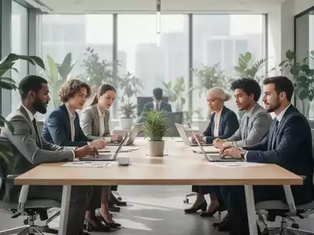 Diverse Mitarbeiter in einem modernen, hellen Büro, die gemeinsam an einem Tisch arbeiten und eine produktive Atmosphäre. - Foto: über boerse-global.de