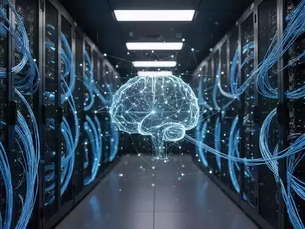 Digitale Visualisierung eines KI-Netzwerks und abstrakter Datenströme in einem modernen Rechenzentrum. - Foto: über boerse-global.de