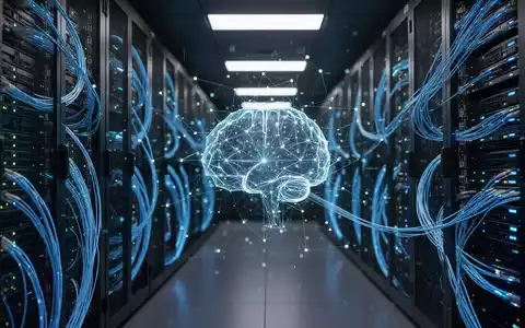 Digitale Visualisierung eines KI-Netzwerks und abstrakter Datenströme in einem modernen Rechenzentrum. - Foto: über boerse-global.de