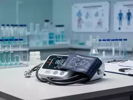 Digitales Blutdruckmessgerät auf einem Schreibtisch in einer modernen medizinischen Praxis mit unscharfem Laborhintergrund. - Foto: über boerse-global.de