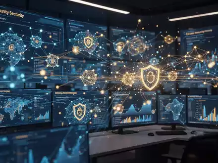 Digitale Benutzeroberfläche mit KI-gesteuerten Cybersecurity-Datenvisualisierungen und Netzwerksicherheitsknoten. - Foto: über boerse-global.de