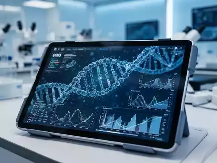 Digitales Tablet mit DNA-Visualisierungen und genetischen Daten in einem modernen, hellen medizinischen Labor. - Foto: über boerse-global.de