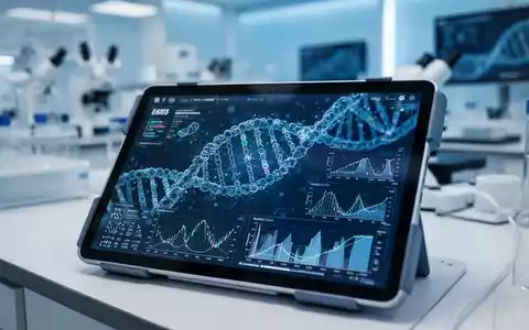 Digitales Tablet mit DNA-Visualisierungen und genetischen Daten in einem modernen, hellen medizinischen Labor. - Foto: über boerse-global.de