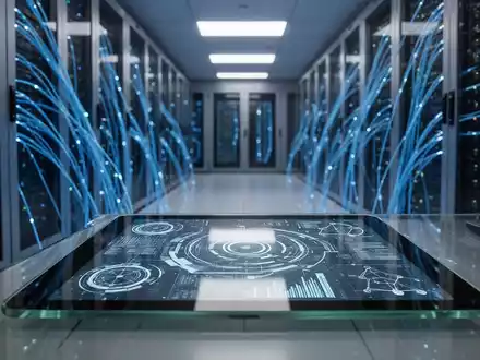 Moderne Serverräume und ein Tablet mit digitalen Wasserzeichen-Visualisierungen zur Kennzeichnung von KI-Inhalten. - Foto: über boerse-global.de