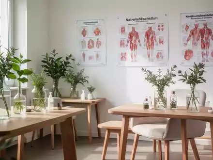 Moderner Beratungsraum einer Naturheilpraxis mit Pflanzen und medizinischen Fachunterlagen. - Foto: über boerse-global.de