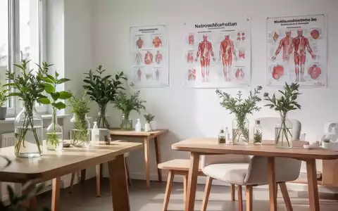 Moderner Beratungsraum einer Naturheilpraxis mit Pflanzen und medizinischen Fachunterlagen. - Foto: über boerse-global.de