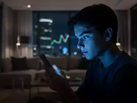 Eine Person blickt in einem abgedunkelten Raum auf ein leuchtendes Smartphone, das ihr Gesicht blau beleuchtet. - Foto: über boerse-global.de
