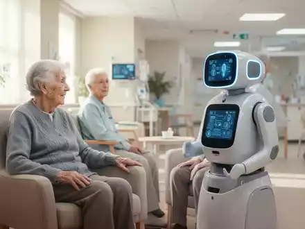 Ein Sozialroboter interagiert in einem hellen, modernen Pflegeheim mit einer älteren Person. - Foto: über boerse-global.de