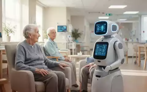 Ein Sozialroboter interagiert in einem hellen, modernen Pflegeheim mit einer älteren Person. - Foto: über boerse-global.de
