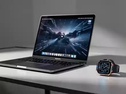 Ein modernes MacBook Pro und eine Apple Watch auf einem minimalistischen Schreibtisch. - Foto: über boerse-global.de