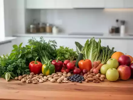 Frisches Gemüse, Kräuter, Nüsse und Obst auf einem Holztisch als Symbol für eine gesunde basenreiche Ernährung. - Foto: über boerse-global.de