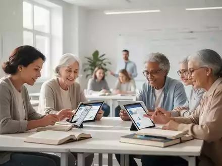 Menschen in einem modernen Kursraum interagieren mit digitalen Geräten und Büchern als Symbol für lebenslanges Lernen. - Foto: über boerse-global.de