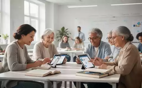 Menschen in einem modernen Kursraum interagieren mit digitalen Geräten und Büchern als Symbol für lebenslanges Lernen. - Foto: über boerse-global.de