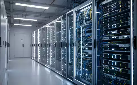 Moderne Server-Racks in Rechenzentren mit blauen Leuchten, die digitale Infrastruktur und Datensicherheit symbolisieren. - Foto: über boerse-global.de