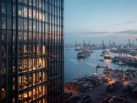 Abstrakte Darstellung des transatlantischen Handels mit einem modernen Bürogebäude und einem belebten Hafen bei Dämmerung. - Foto: über boerse-global.de