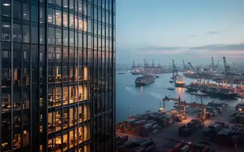 Abstrakte Darstellung des transatlantischen Handels mit einem modernen Bürogebäude und einem belebten Hafen bei Dämmerung. - Foto: über boerse-global.de