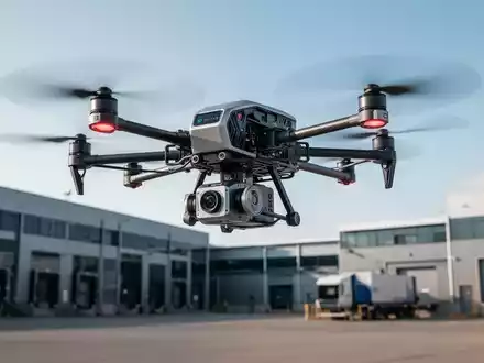 Eine professionelle Industriedrohne über einem Logistikgelände bei klarem Himmel. - Foto: über boerse-global.de