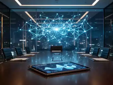 Ein moderner Konferenzraum mit einer digitalen Netzwerkgrafik an der Wand, die Compliance-Themen und KI-Regulierung symbolisiert. - Foto: über boerse-global.de
