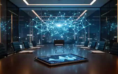 Ein moderner Konferenzraum mit einer digitalen Netzwerkgrafik an der Wand, die Compliance-Themen und KI-Regulierung symbolisiert. - Foto: über boerse-global.de