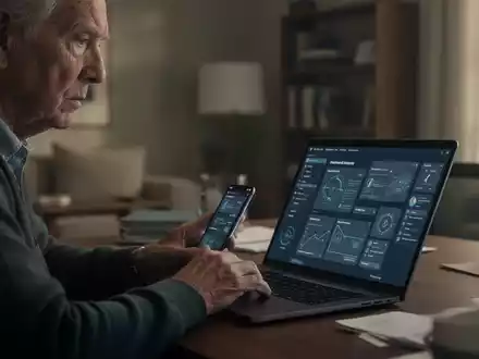 Besorgter Senior nutzt Smartphone und Laptop zu Hause, Risiko von Online-Anlagebetrug. - Foto: über boerse-global.de