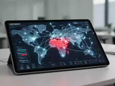 Digitales Tablet mit globaler Finanznetzwerkkarte, die digitale Stablecoin-Hilfsverteilung darstellt. - Foto: über boerse-global.de