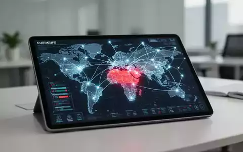 Digitales Tablet mit globaler Finanznetzwerkkarte, die digitale Stablecoin-Hilfsverteilung darstellt. - Foto: über boerse-global.de