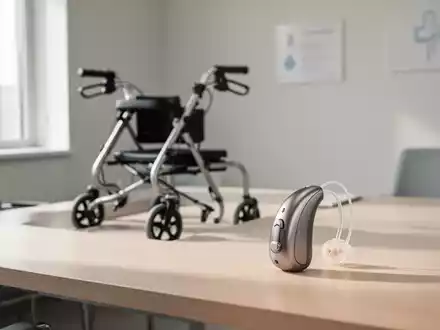 Ein moderner Rollator und ein Hörgerät auf einem Holztisch in einer hellen, professionellen Praxisumgebung. - Foto: über boerse-global.de