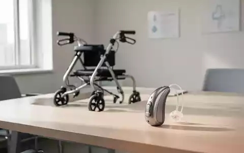 Ein moderner Rollator und ein Hörgerät auf einem Holztisch in einer hellen, professionellen Praxisumgebung. - Foto: über boerse-global.de