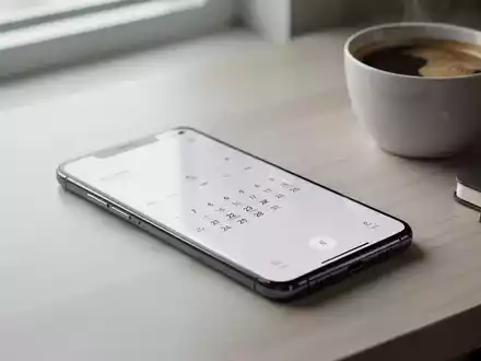 Modernes Smartphone mit Kalender-App auf einem sauberen Schreibtisch neben einer Kaffeetasse. - Foto: über boerse-global.de
