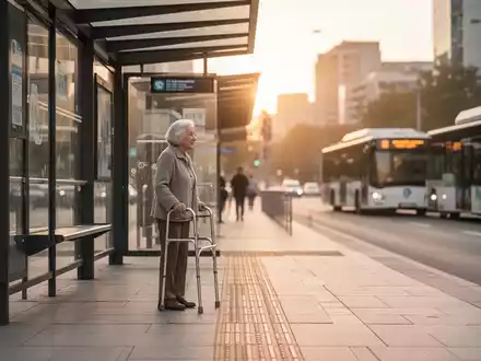 Eine ältere Person mit Gehhilfe an einer barrierefreien Bushaltestelle mit taktilem Leitsystem im öffentlichen Raum. - Foto: über boerse-global.de