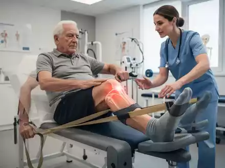 Ein Patient führt unter physiotherapeutischer Anleitung gezielte Knie-Übungen mit einem Widerstandsband in einer Praxis aus. - Foto: über boerse-global.de