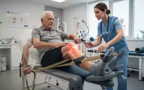 Ein Patient führt unter physiotherapeutischer Anleitung gezielte Knie-Übungen mit einem Widerstandsband in einer Praxis aus. - Foto: über boerse-global.de