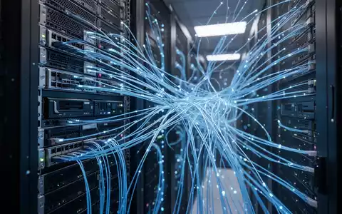 Nahaufnahme eines modernen Rechenzentrums mit leuchtenden Glasfaserkabeln als Symbol für KI-Technologie. - Foto: über boerse-global.de