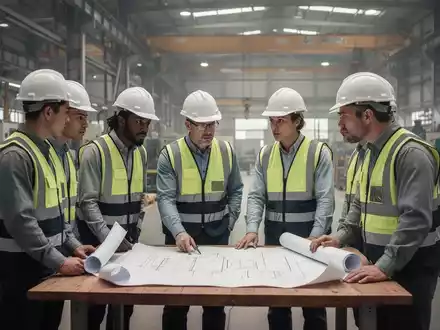 Arbeiter in einer modernen Industriehalle bei einer Besprechung über Produktionspläne und technisches Equipment. - Foto: über boerse-global.de