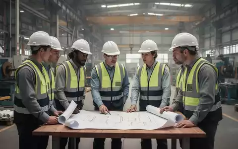 Arbeiter in einer modernen Industriehalle bei einer Besprechung über Produktionspläne und technisches Equipment. - Foto: über boerse-global.de