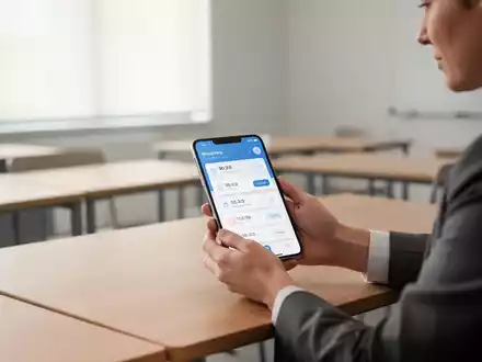 Eine Lehrkraft nutzt eine App auf dem Smartphone zur digitalen Arbeitszeiterfassung an einem Schreibtisch im Klassenzimmer. - Foto: über boerse-global.de