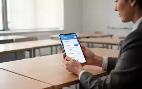 Eine Lehrkraft nutzt eine App auf dem Smartphone zur digitalen Arbeitszeiterfassung an einem Schreibtisch im Klassenzimmer. - Foto: über boerse-global.de