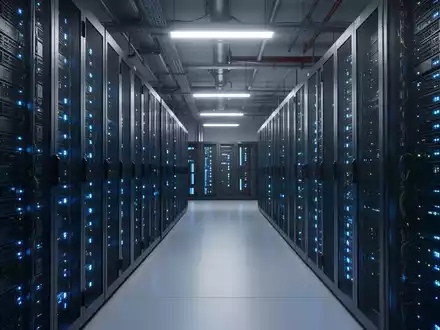 Moderner Serverraum in einem deutschen Rechenzentrum mit blauen Lichtern an Serverracks als digitale Infrastruktur. - Foto: über boerse-global.de