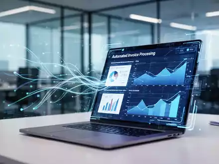 Digitales Finanzbüro mit abstrakten Datenströmen und KI-Schnittstellen zur automatisierten Rechnungsbearbeitung. - Foto: über boerse-global.de