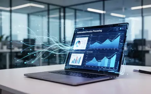 Digitales Finanzbüro mit abstrakten Datenströmen und KI-Schnittstellen zur automatisierten Rechnungsbearbeitung. - Foto: über boerse-global.de