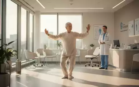 Ein Patient führt in einer hellen, modernen medizinischen Praxis Qigong-Übungen zur Gesundheitsförderung aus. - Foto: über boerse-global.de