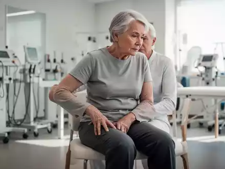 Eine ältere Person sitzt nachdenklich in einer modernen Physiotherapiepraxis und hält sich die Hüfte. - Foto: über boerse-global.de
