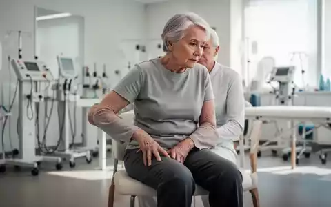 Eine ältere Person sitzt nachdenklich in einer modernen Physiotherapiepraxis und hält sich die Hüfte. - Foto: über boerse-global.de