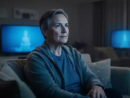 Eine Person sitzt in einem abgedunkelten Raum vor einem Fernseher, der ein bläuliches Licht auf das Gesicht wirft. - Foto: über boerse-global.de